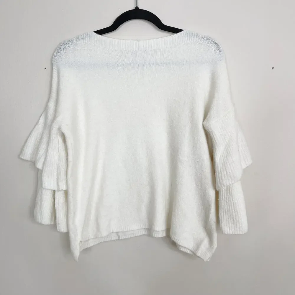 Madewell Tier Sleeve Sweater Cream Small S Wool Stretch Bateau Neck 3/4 Sleeve
